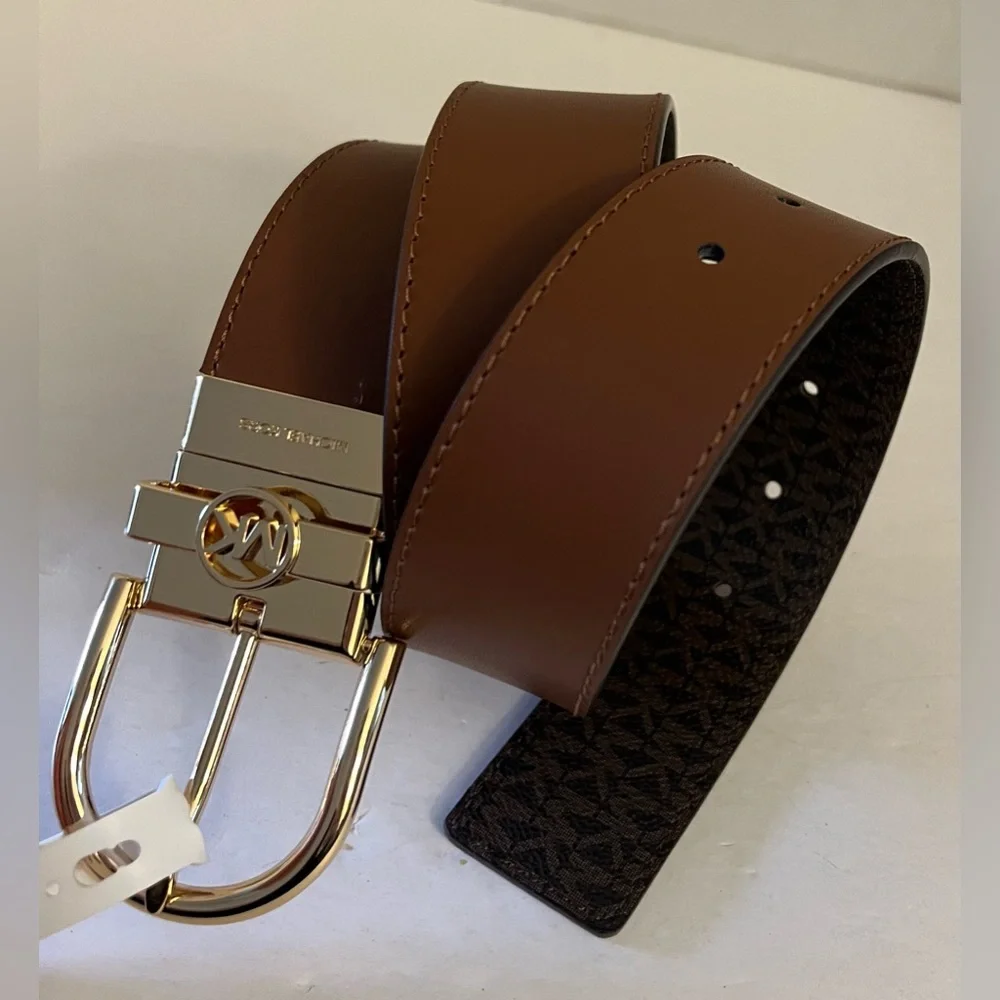 Michael Kors Brown Leather Belt with Gold Buckle Size Large
